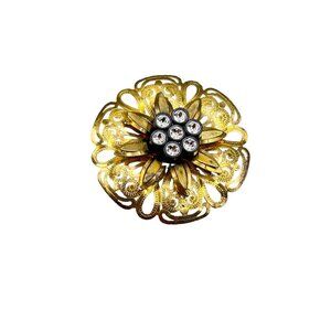 Vintage Gold Tone Flower Brooch with Rhinestone Accents Floral Costume Jewelry